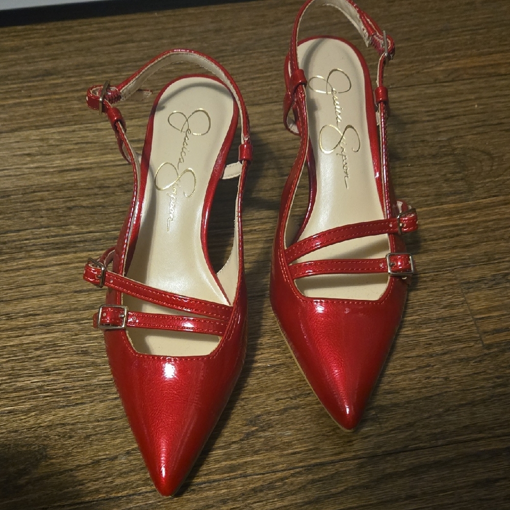 Brand New Jessica Simpson Patent Red Pointed Slingback Pumps with Double Straps